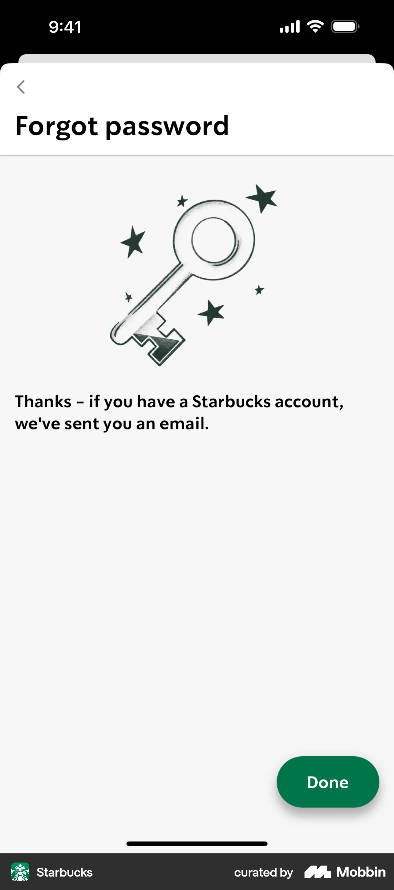 Starbucks iOS Forgot Password screen