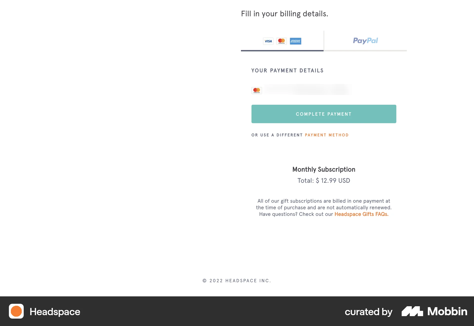 Headspace Web Payment Method screen