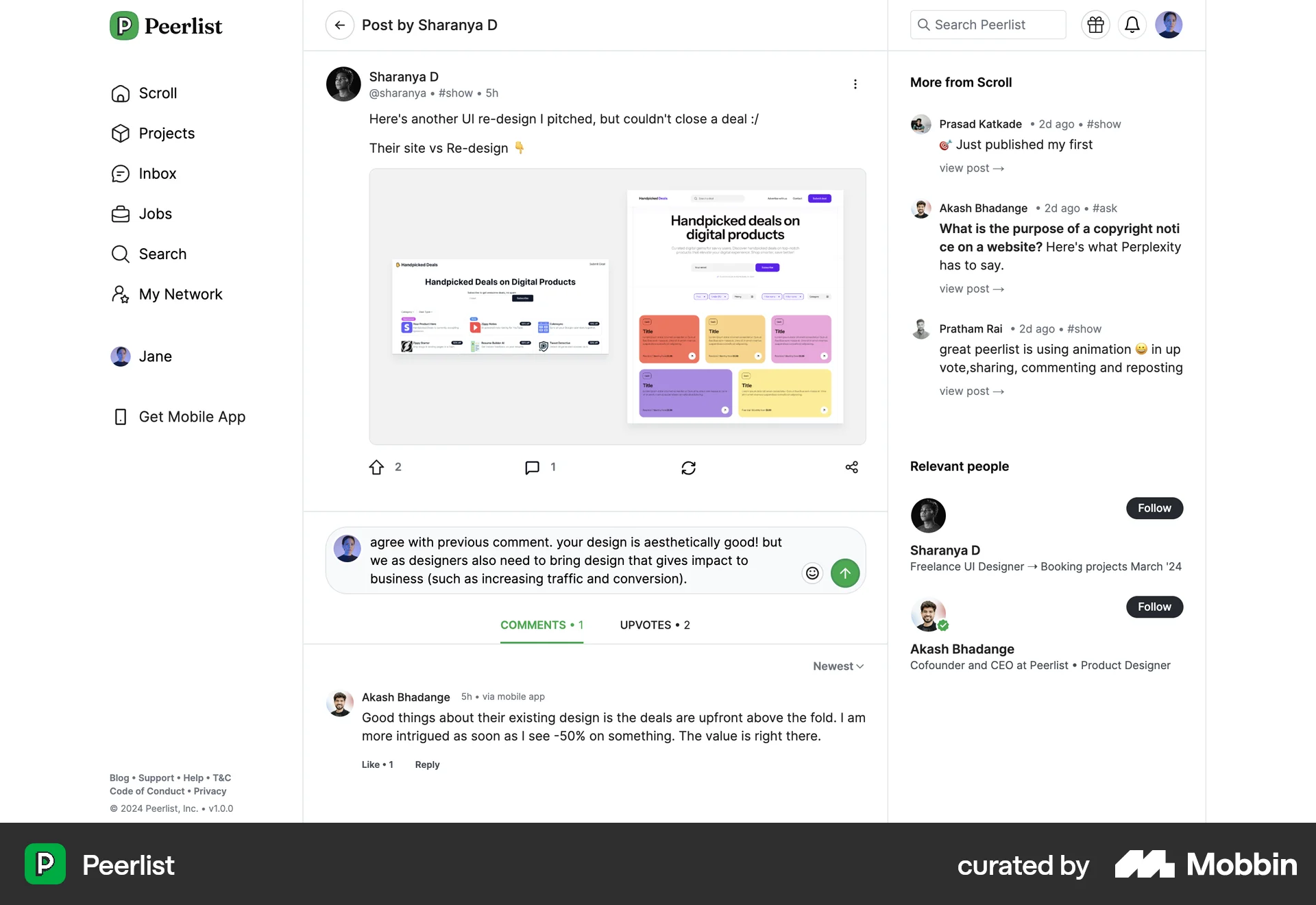 Peerlist Web Post Detail screen