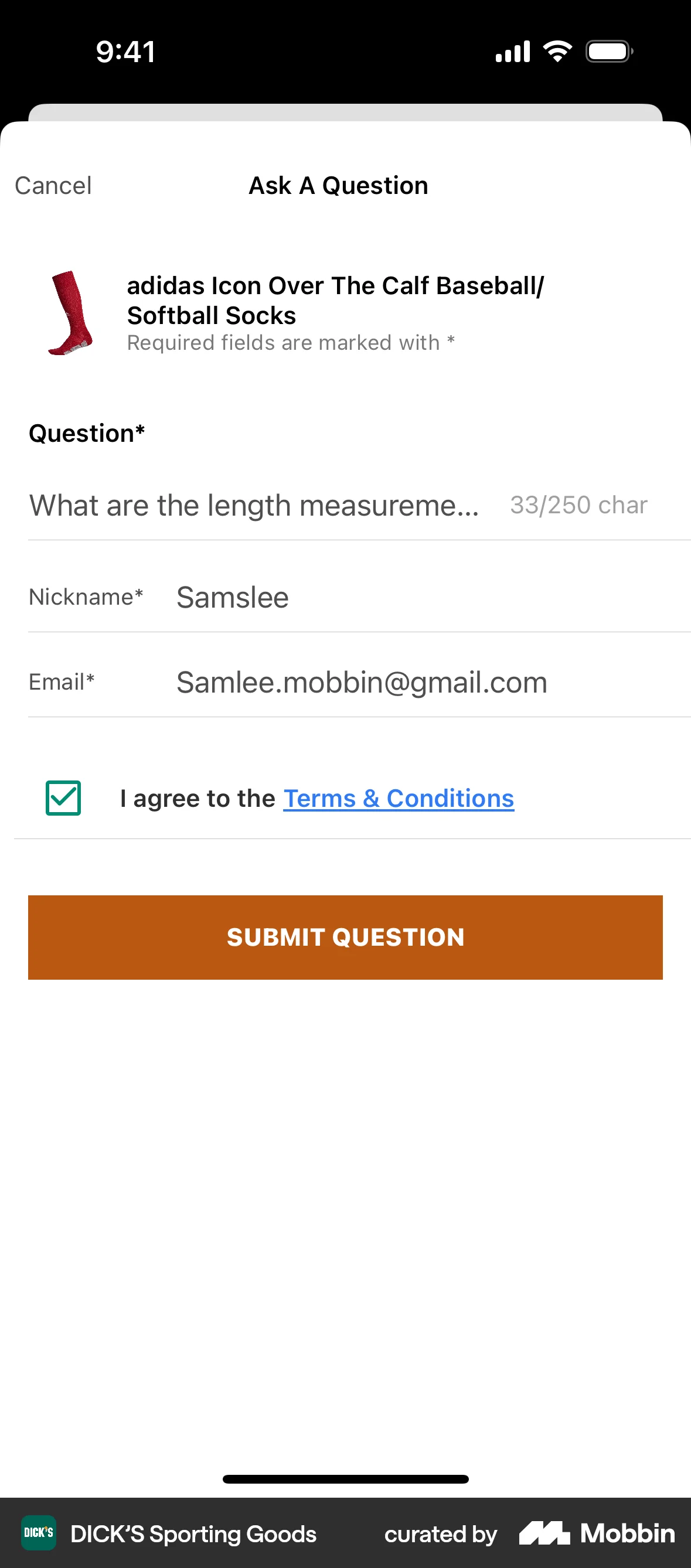 DICK’S Sporting Goods iOS Comments screen