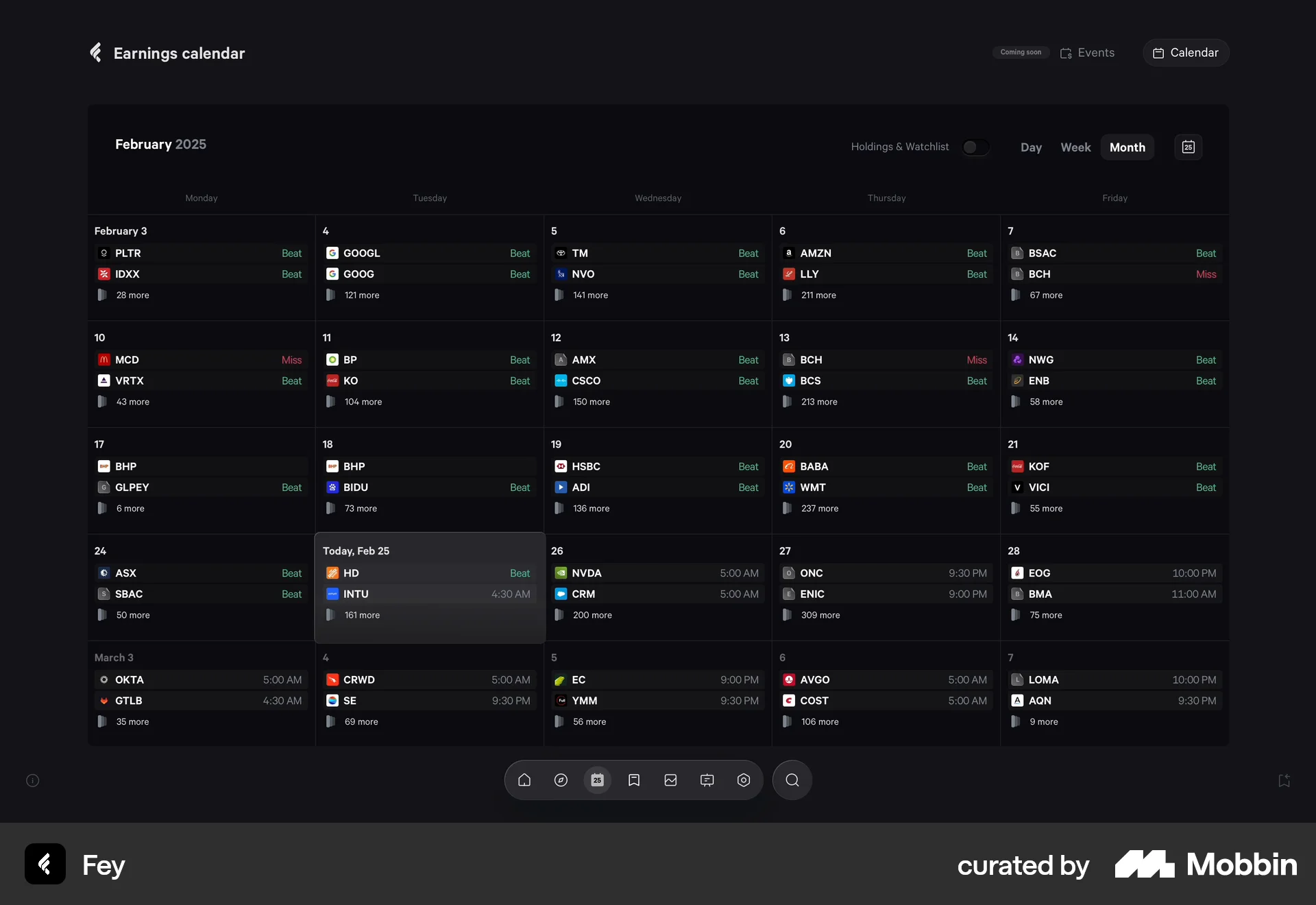 Fey Web Calendar screen