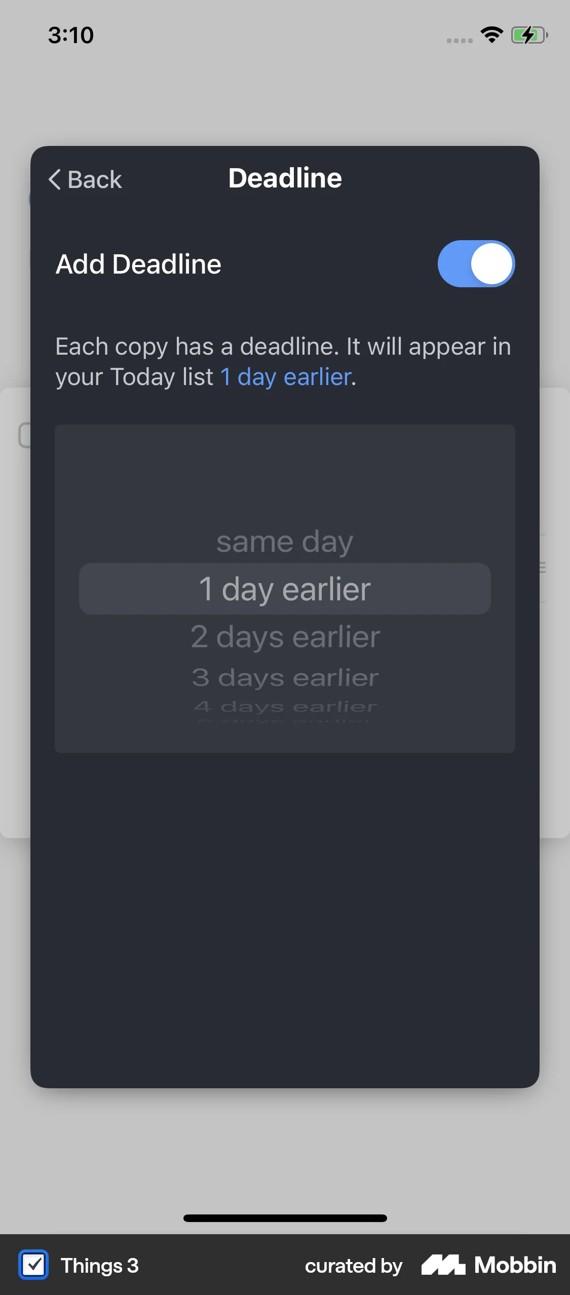 Things 3 iOS screen containing Date Picker UI element