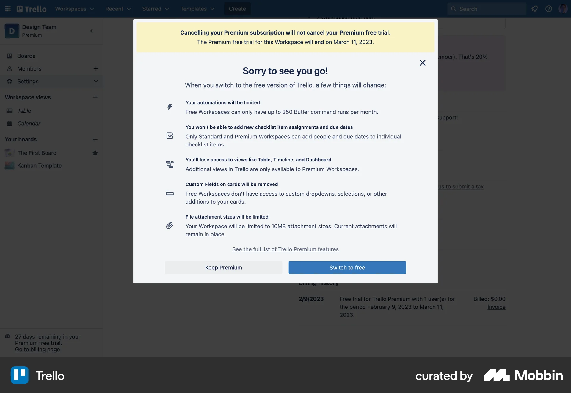 Trello Web Cancel screen