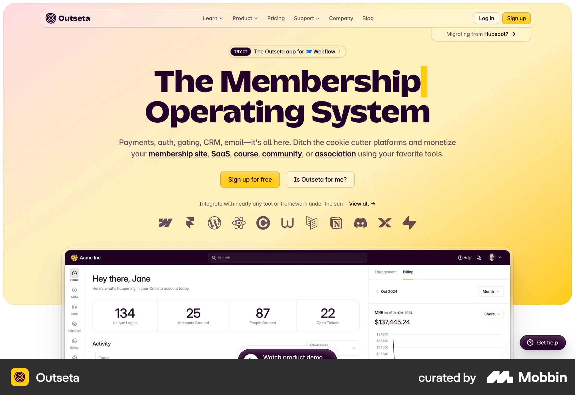 Outseta Web screen containing Top Navigation Bar UI element