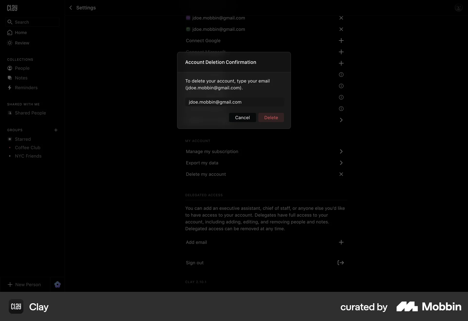 Clay Web Delete & Deactivate Account screen