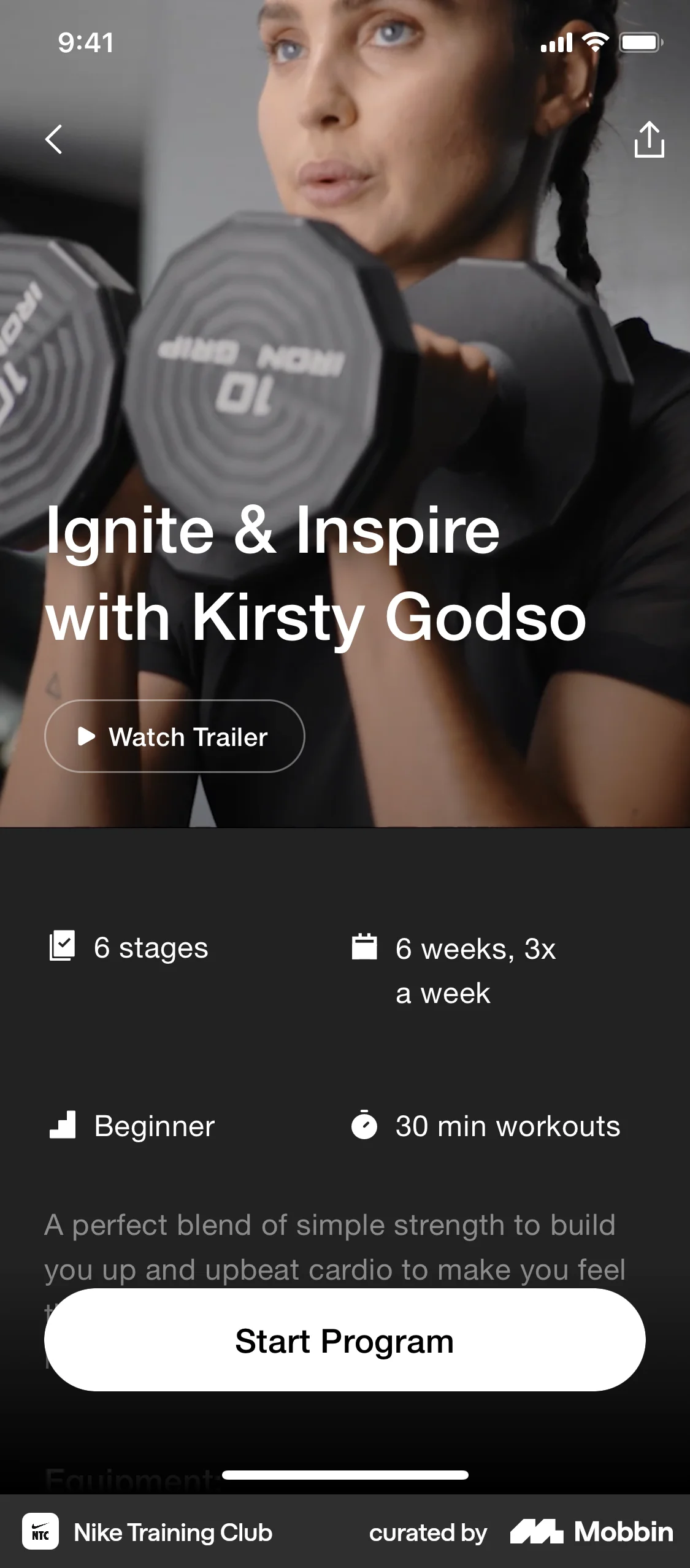 Nike Training Club iOS Class & Lesson Detail screen