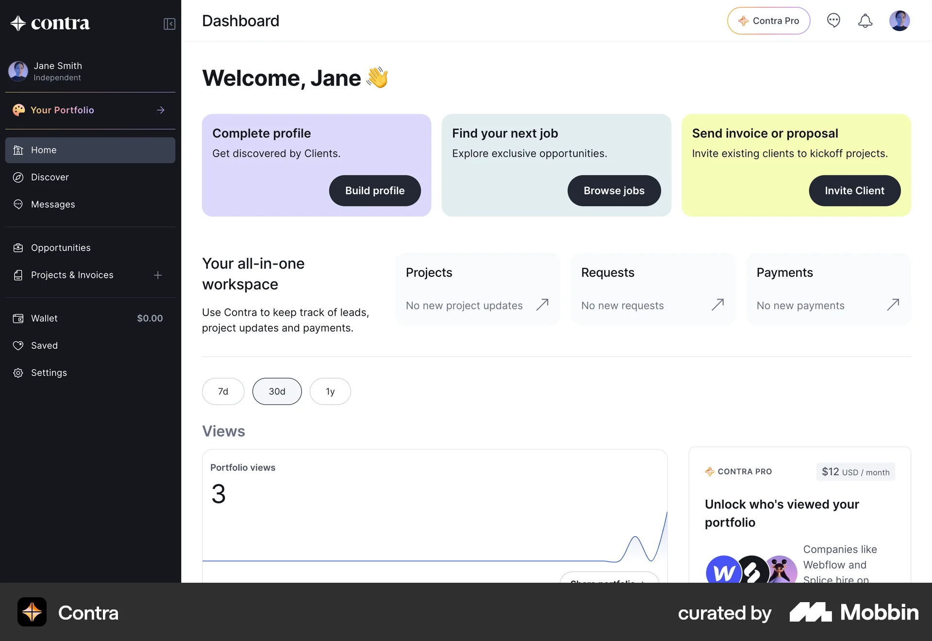 Contra Web Home screen