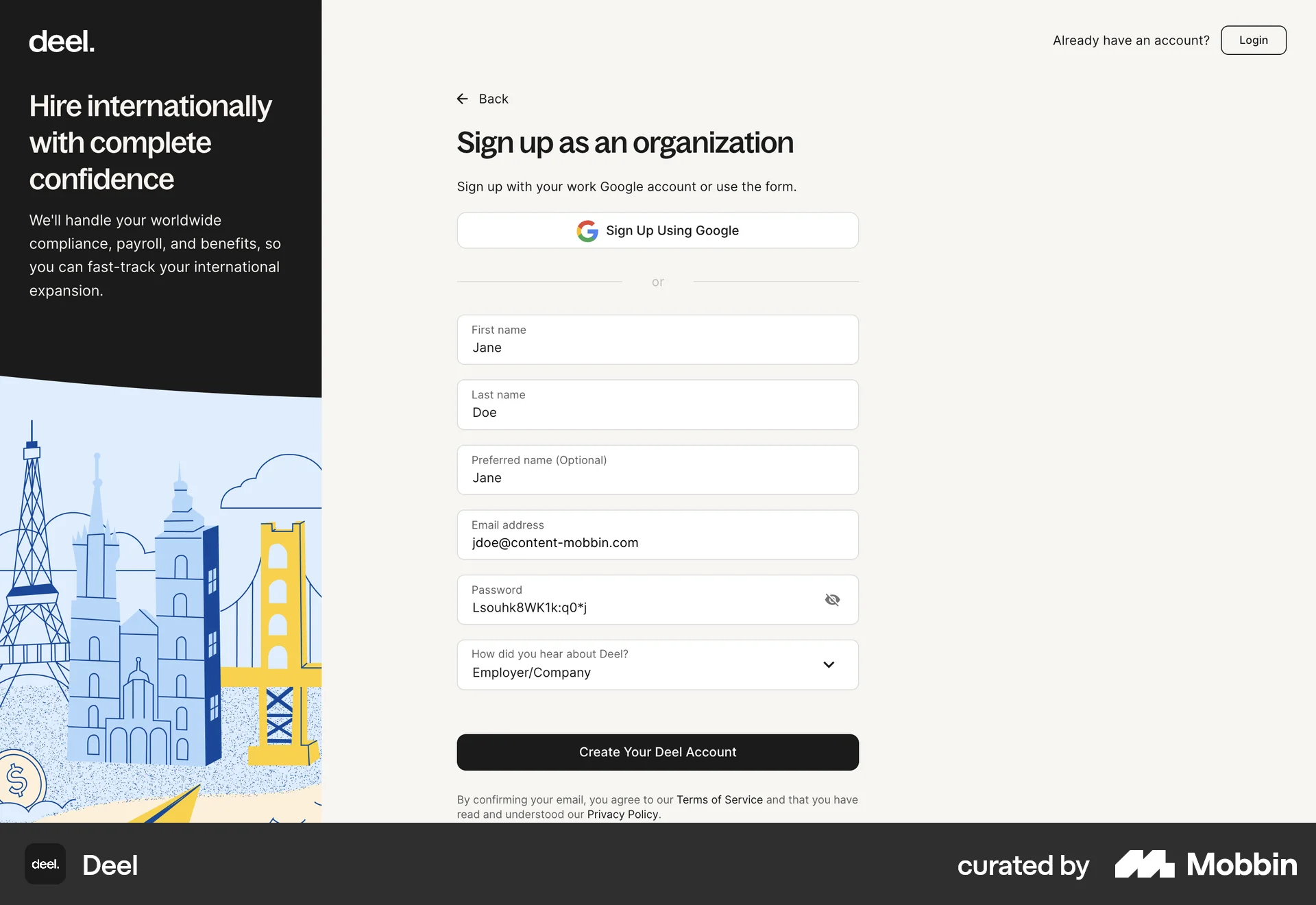 Deel Web Signup screen