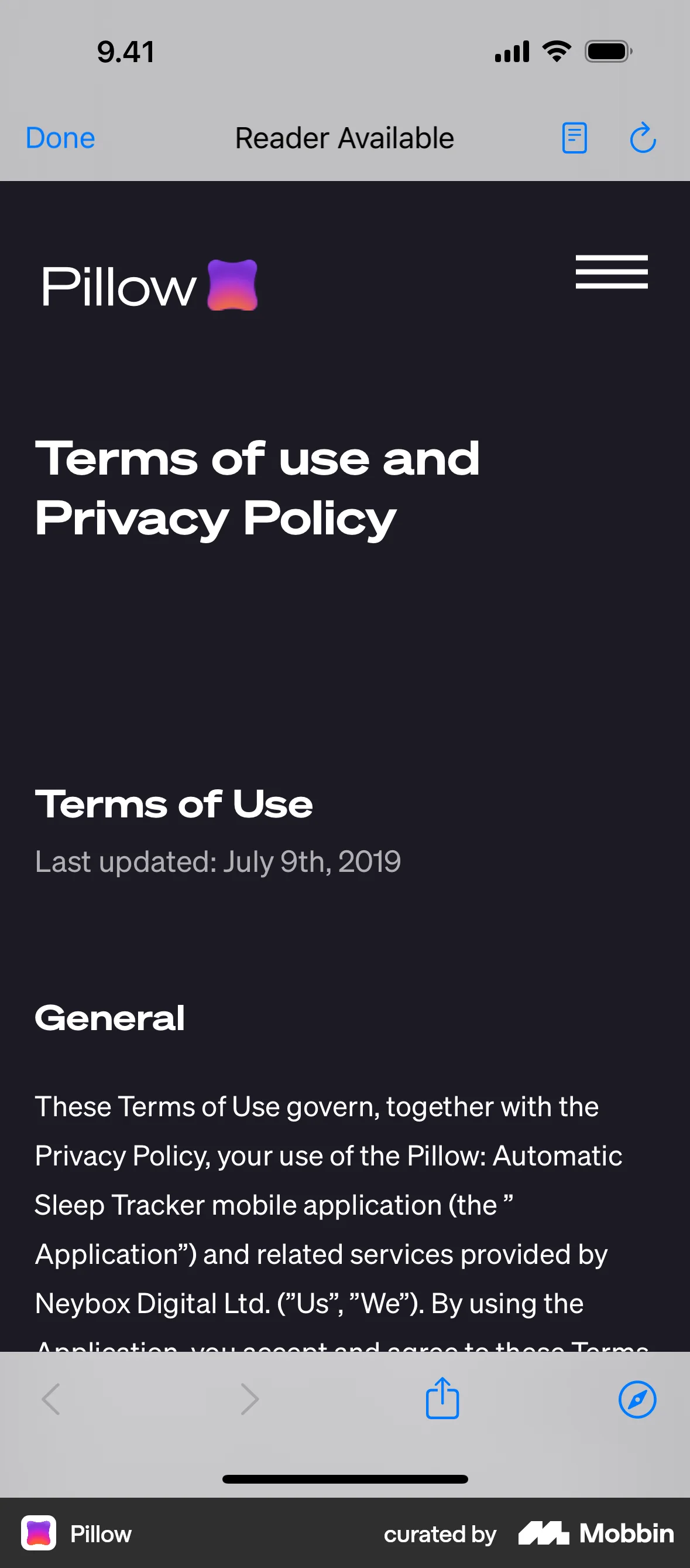 Pillow iOS Terms & Conditions screen