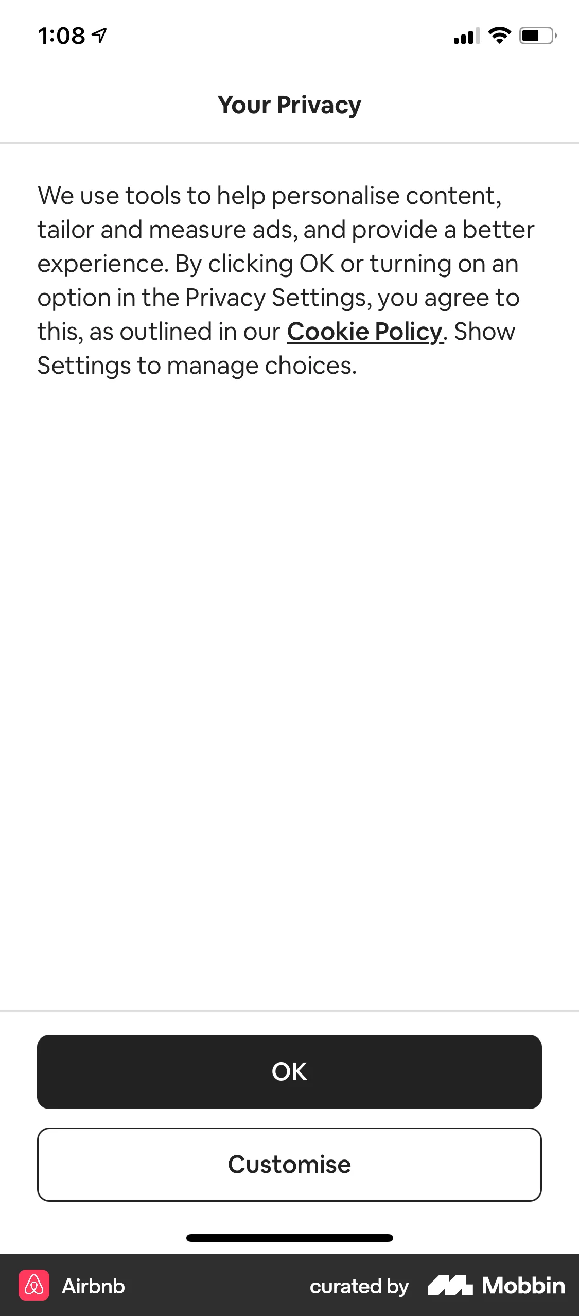 Airbnb iOS Privacy Policy screen