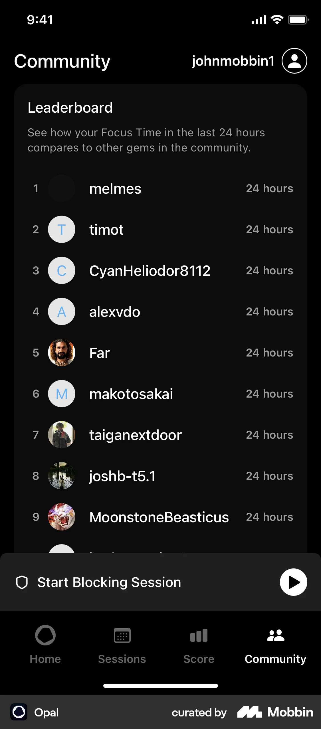 Opal iOS Leaderboard screen