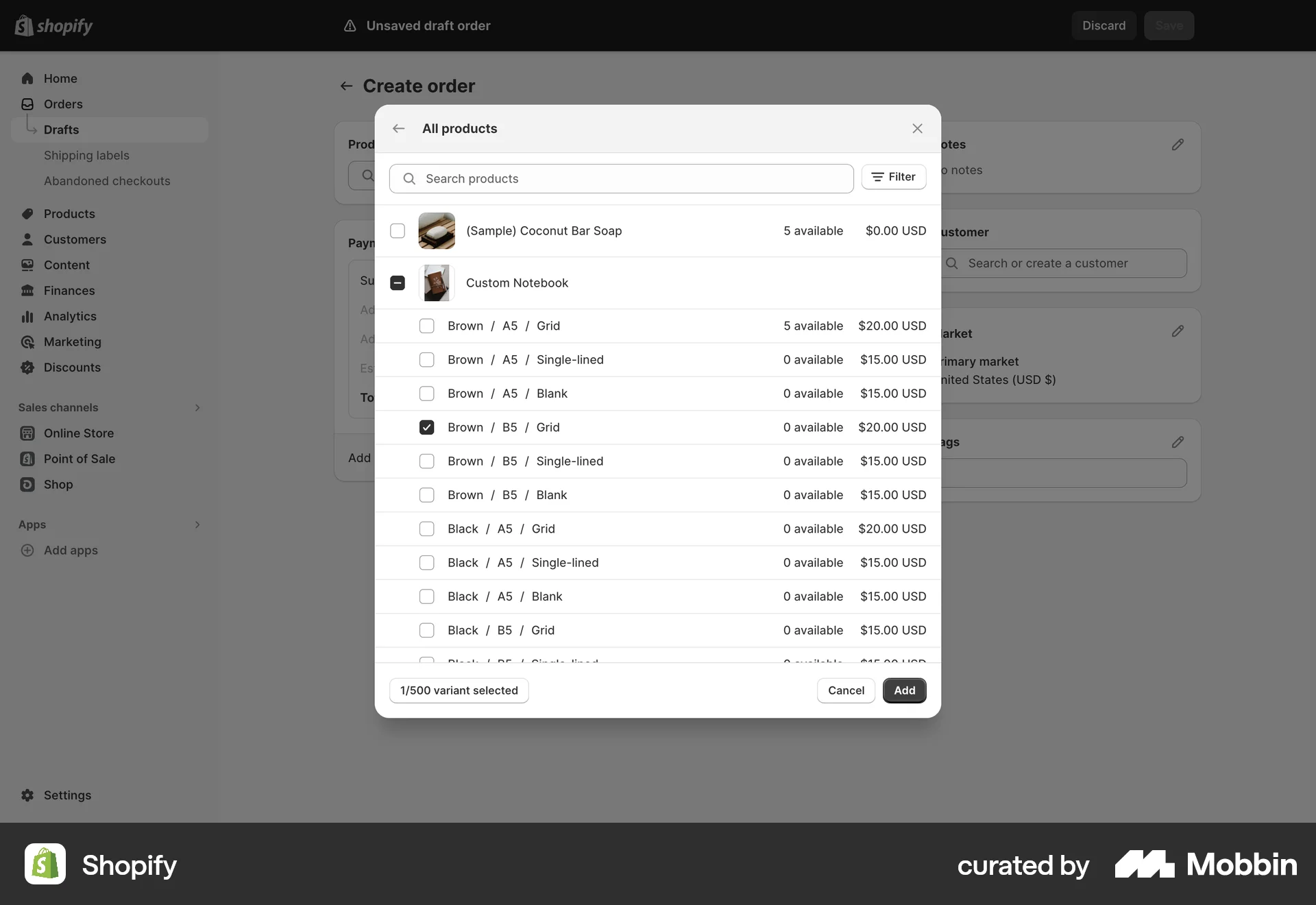 Shopify Web screen containing Checkbox UI element