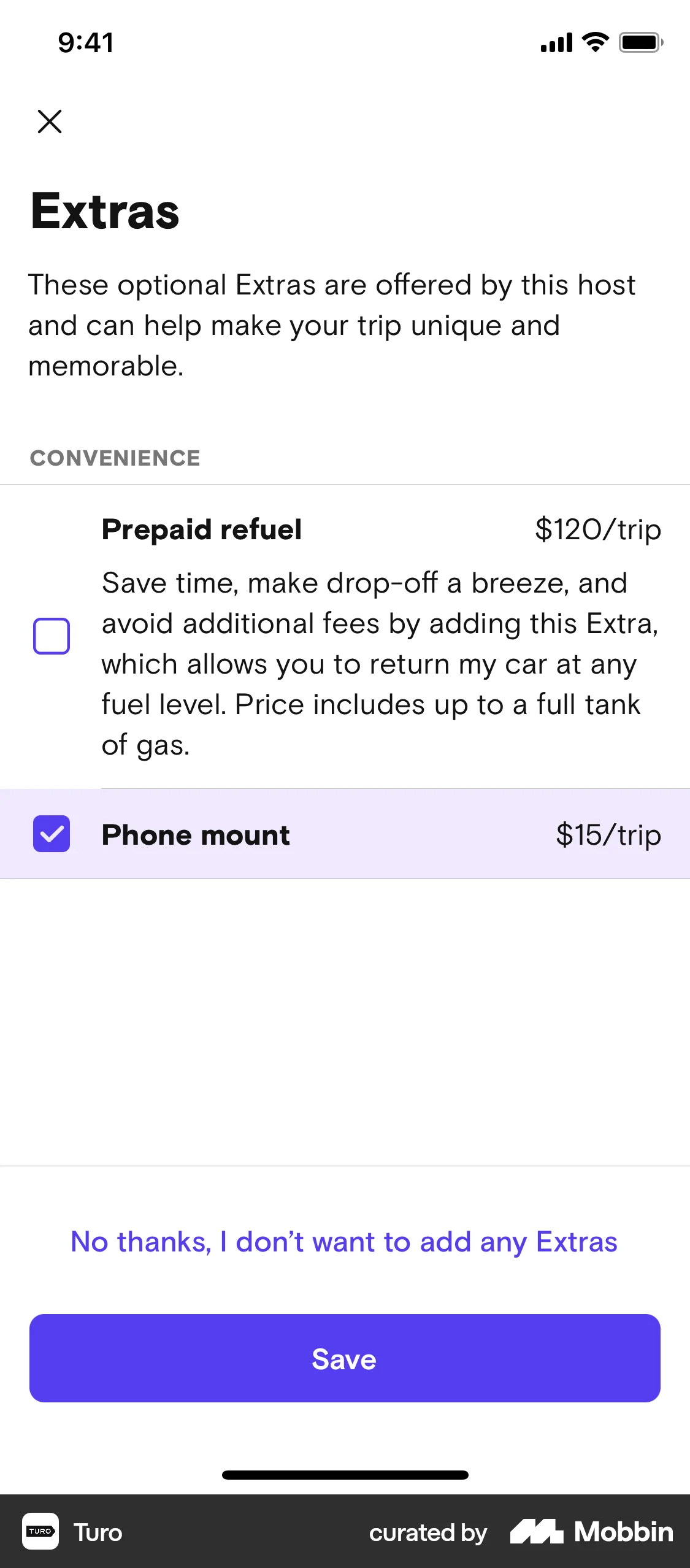 Turo iOS screen containing Checkbox UI element
