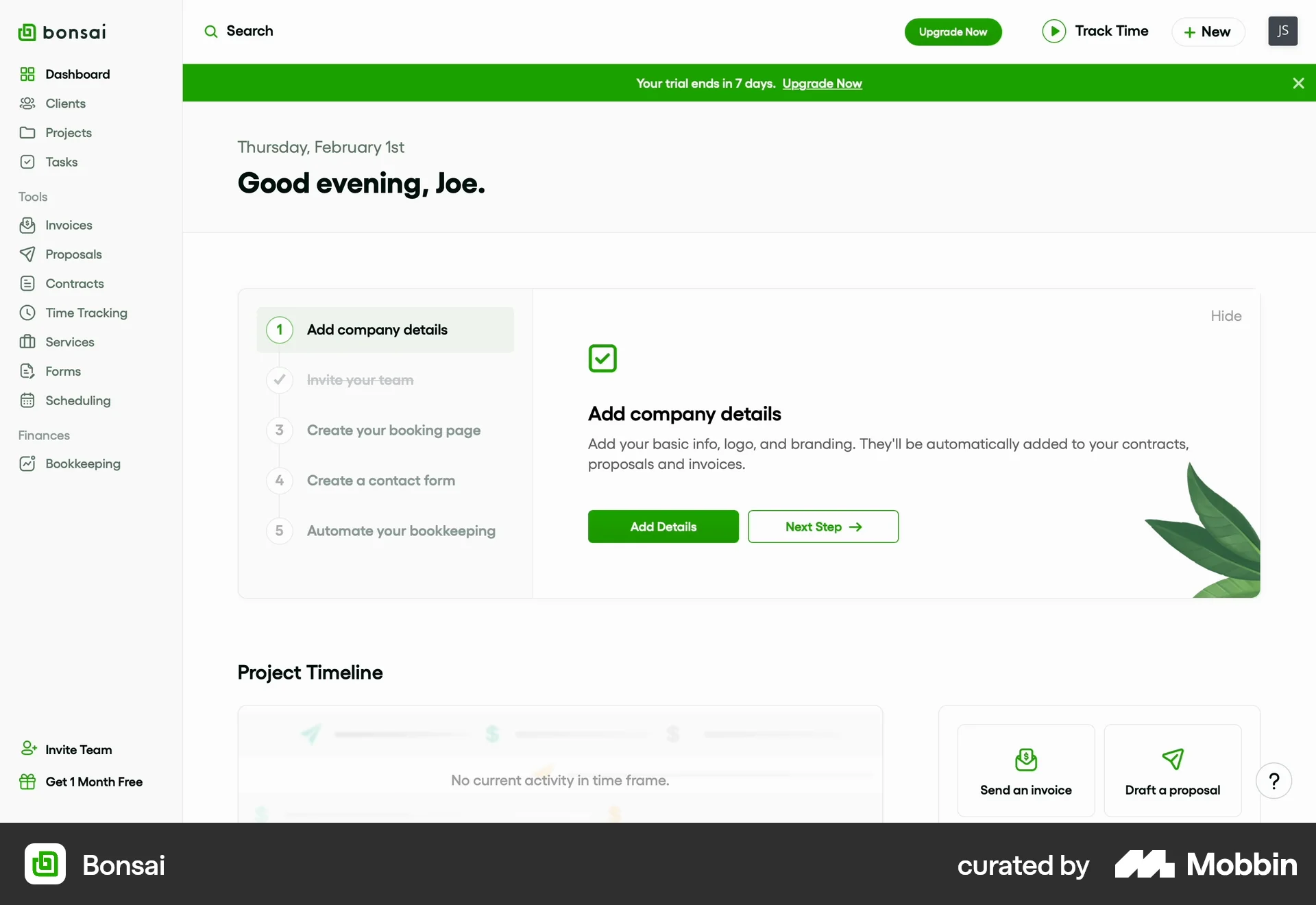 Bonsai Web Home screen