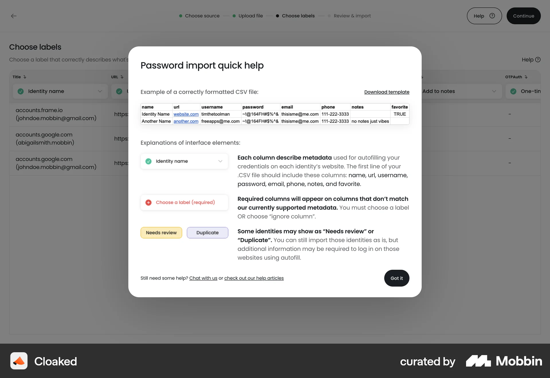 Cloaked Web Help & Support screen