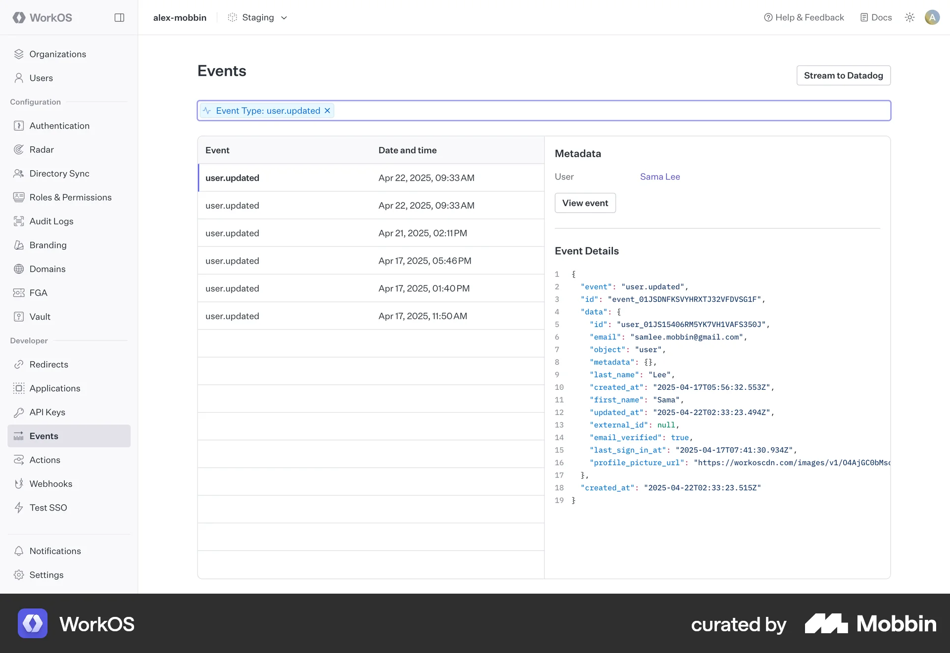 WorkOS Web Log Dashboard screen