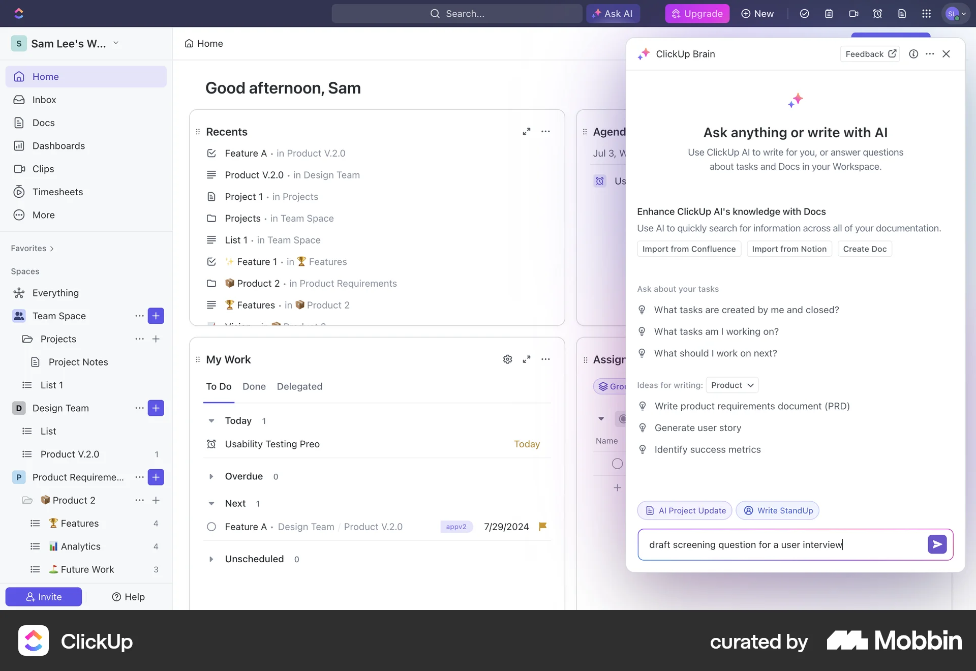ClickUp Web Chat Bot screen