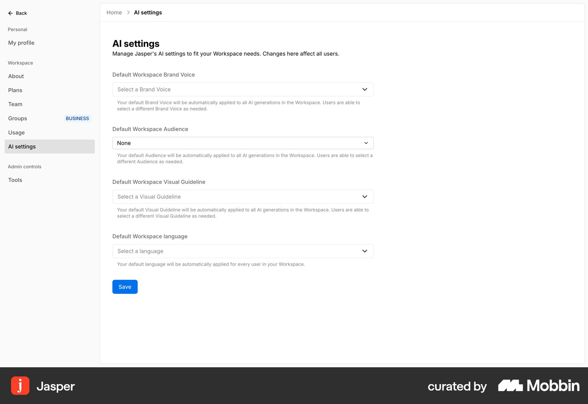 Jasper Web Settings & Preferences screen