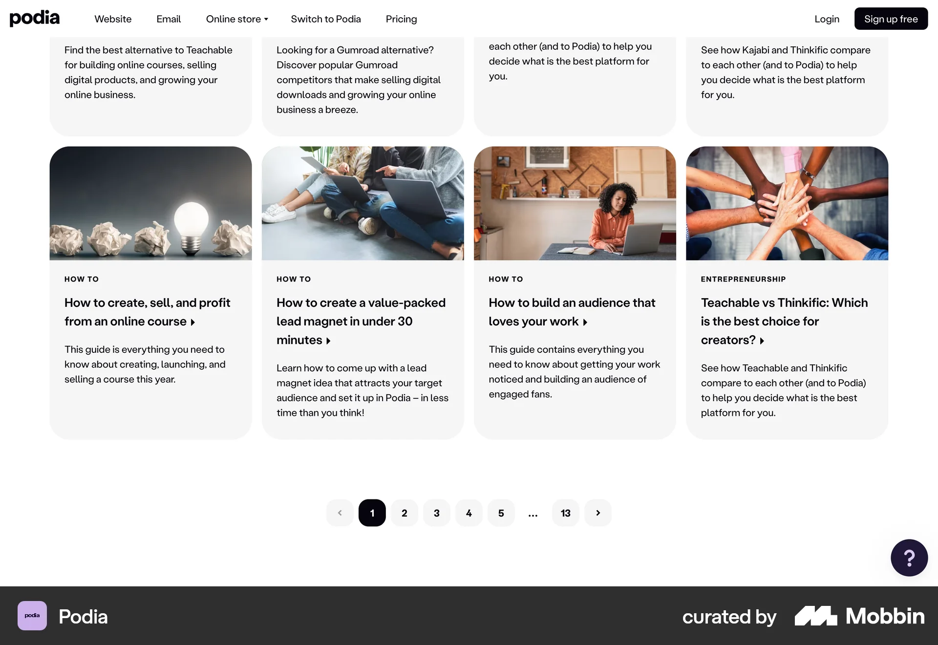 Podia Web screen containing Pagination UI element