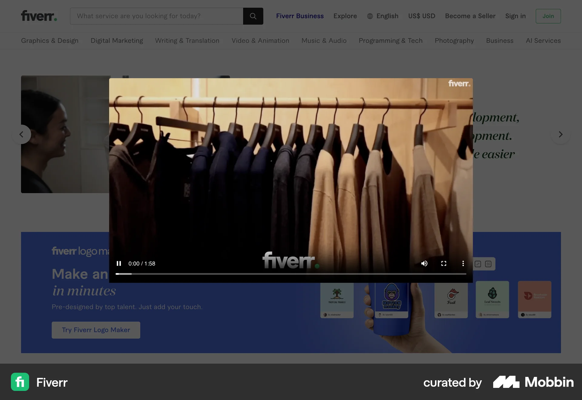 Fiverr Web Video Player screen