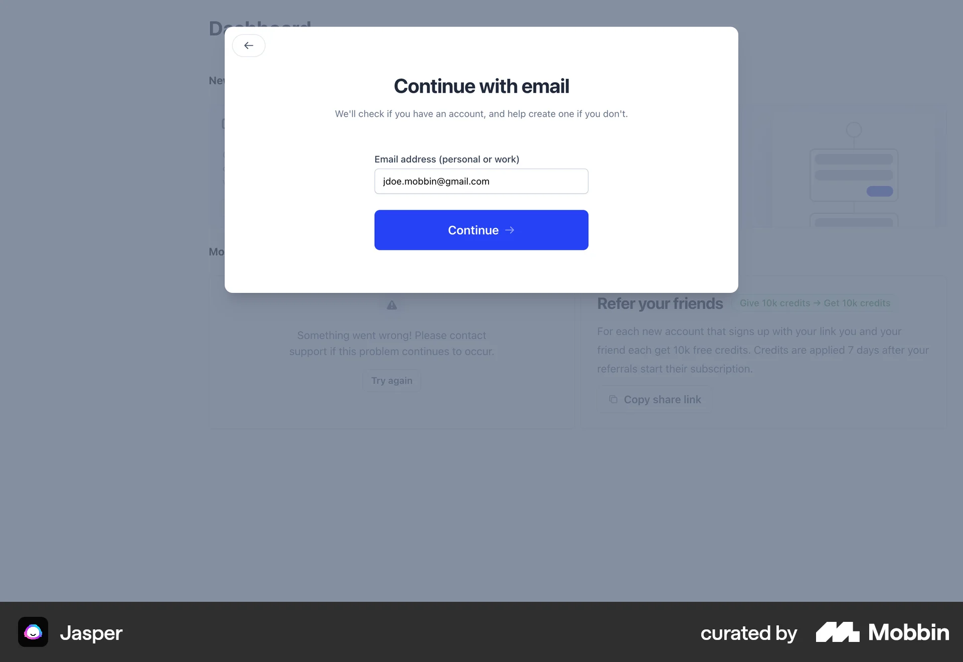 Jasper Web Signup screen