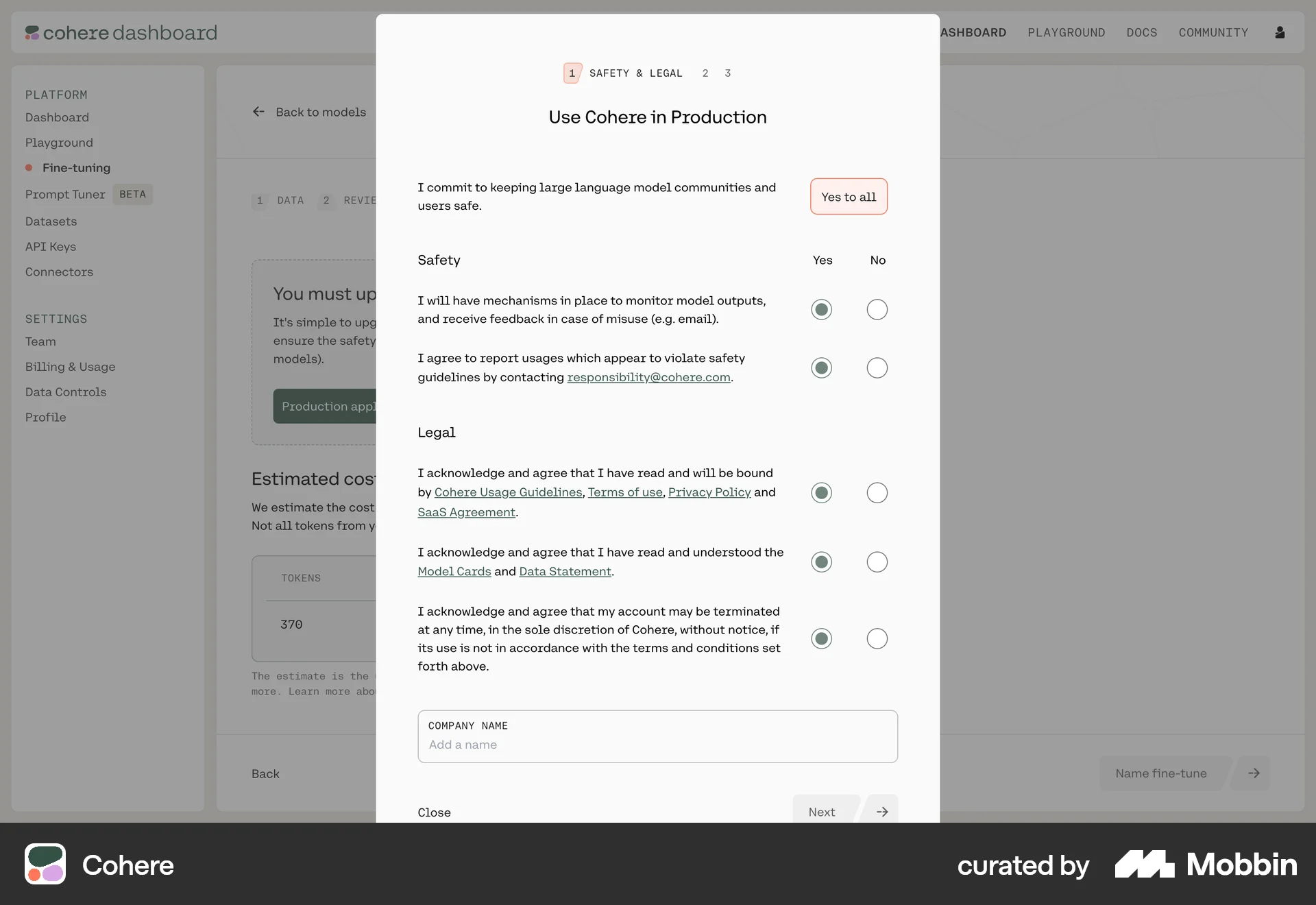 Cohere Web screen containing Radio Button UI element