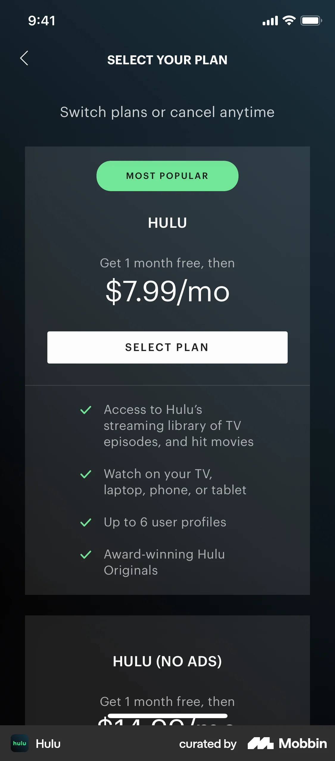 Hulu iOS Subscription & Paywall screen