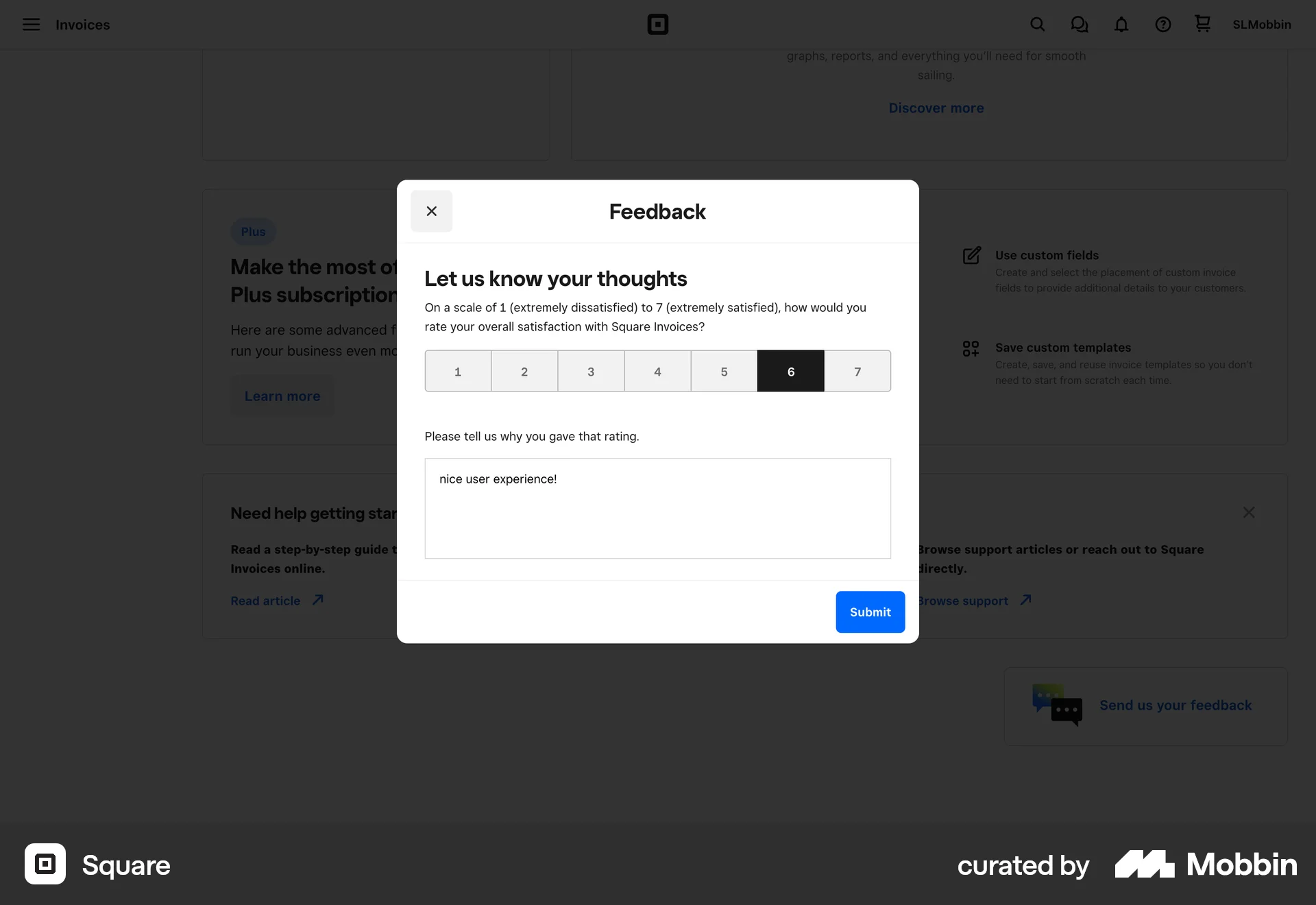 Square Web screen containing Rating Control UI element