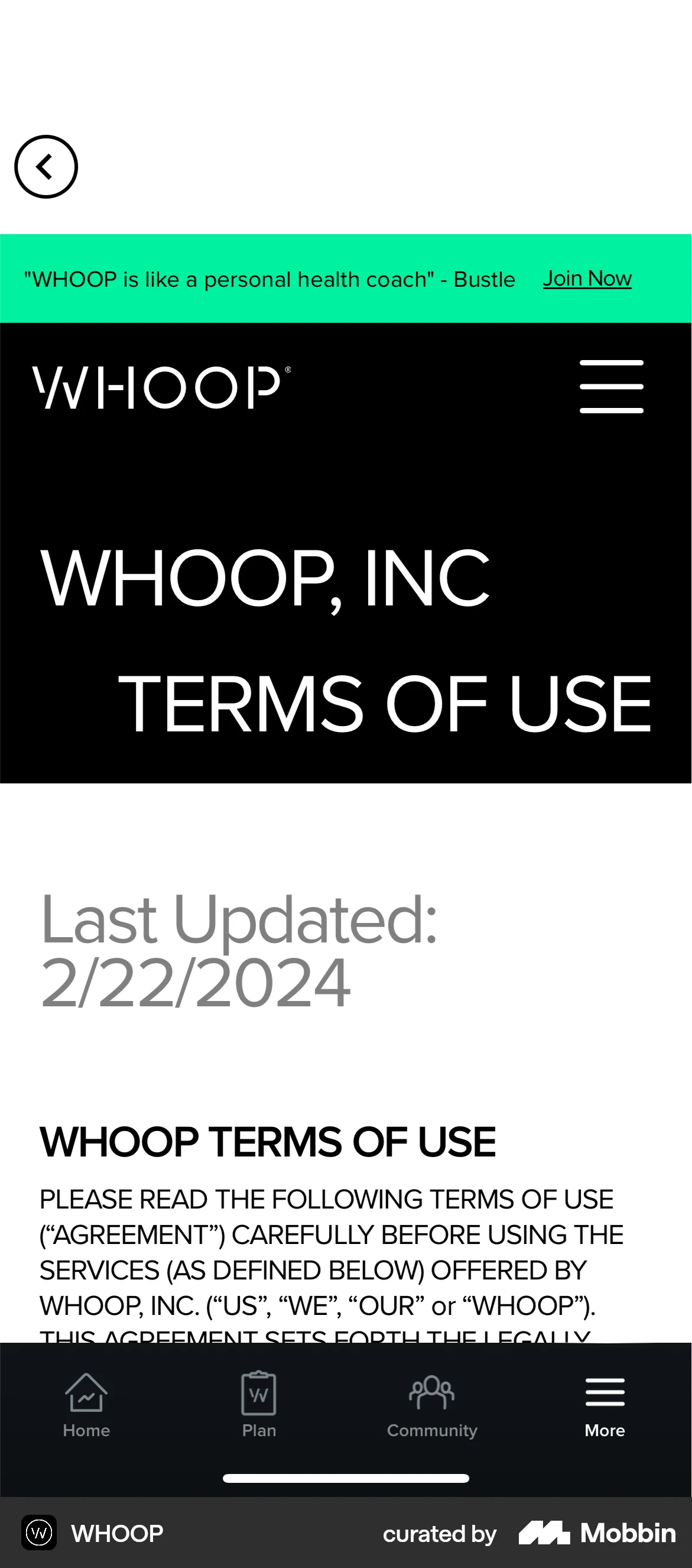WHOOP iOS Terms & Conditions screen