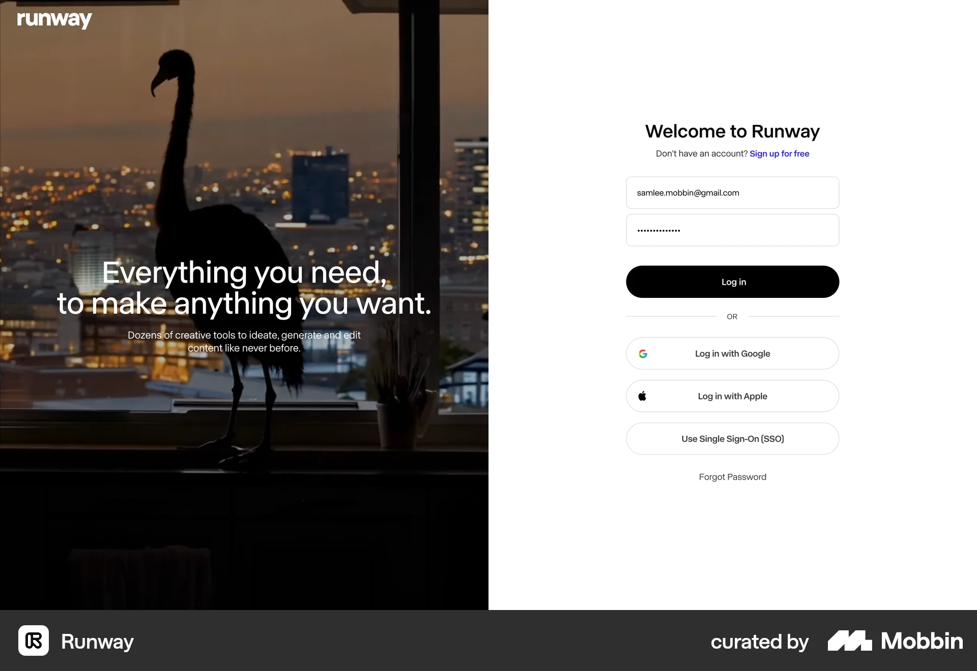 Runway Web Login screen