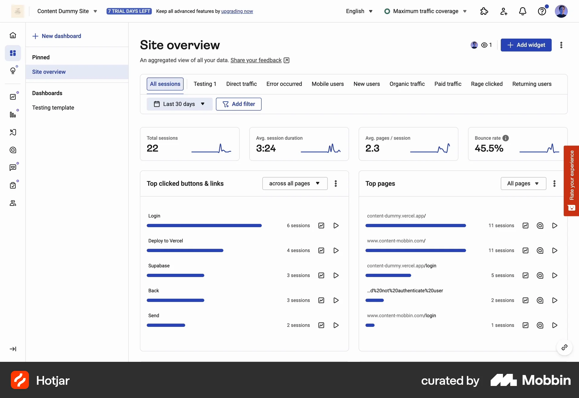 Hotjar Web screen containing Tab UI element