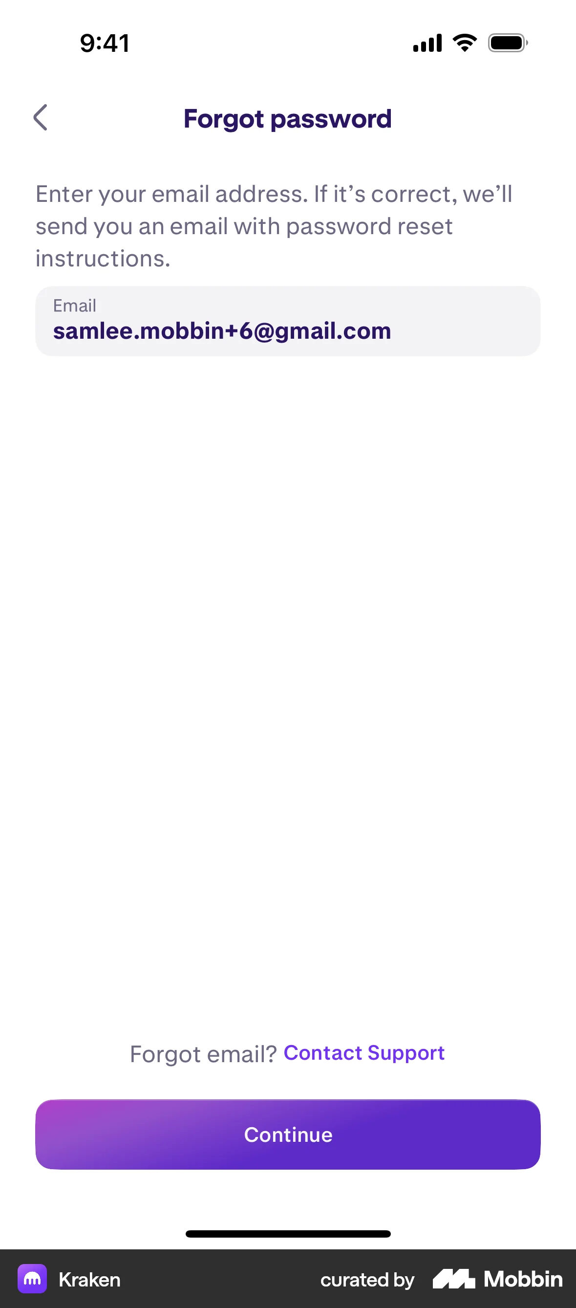 Kraken iOS Forgot Password screen