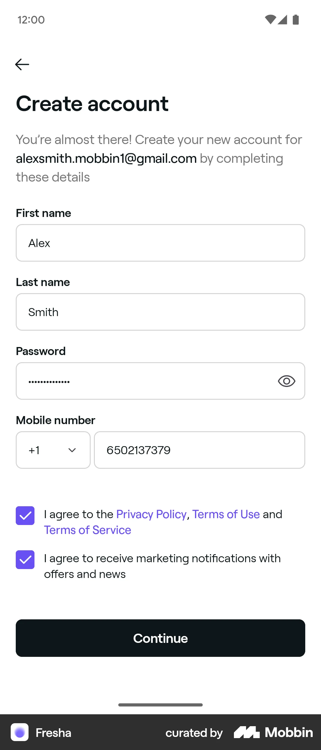 Fresha Android Signup screen