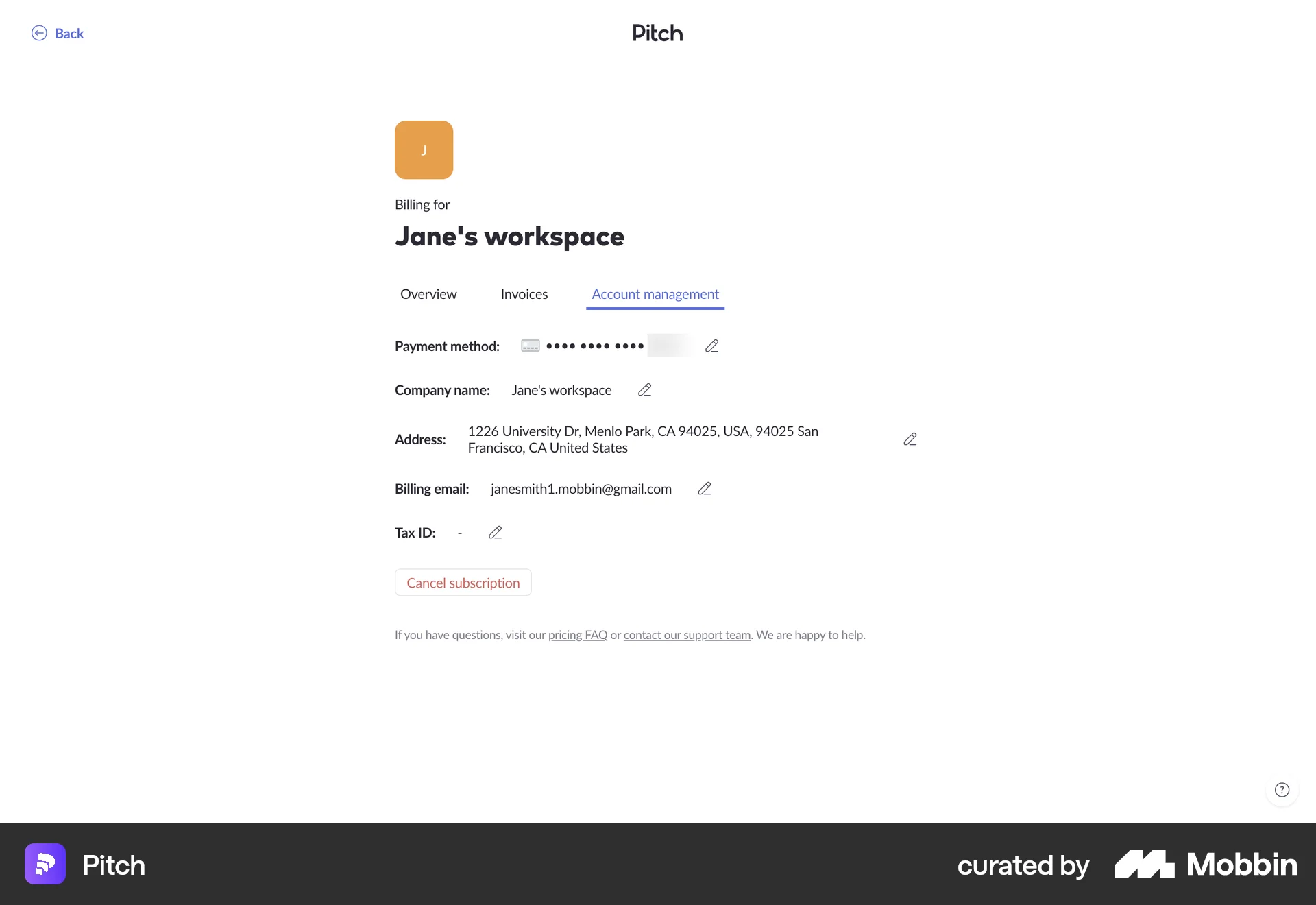 Pitch Web Billing screen