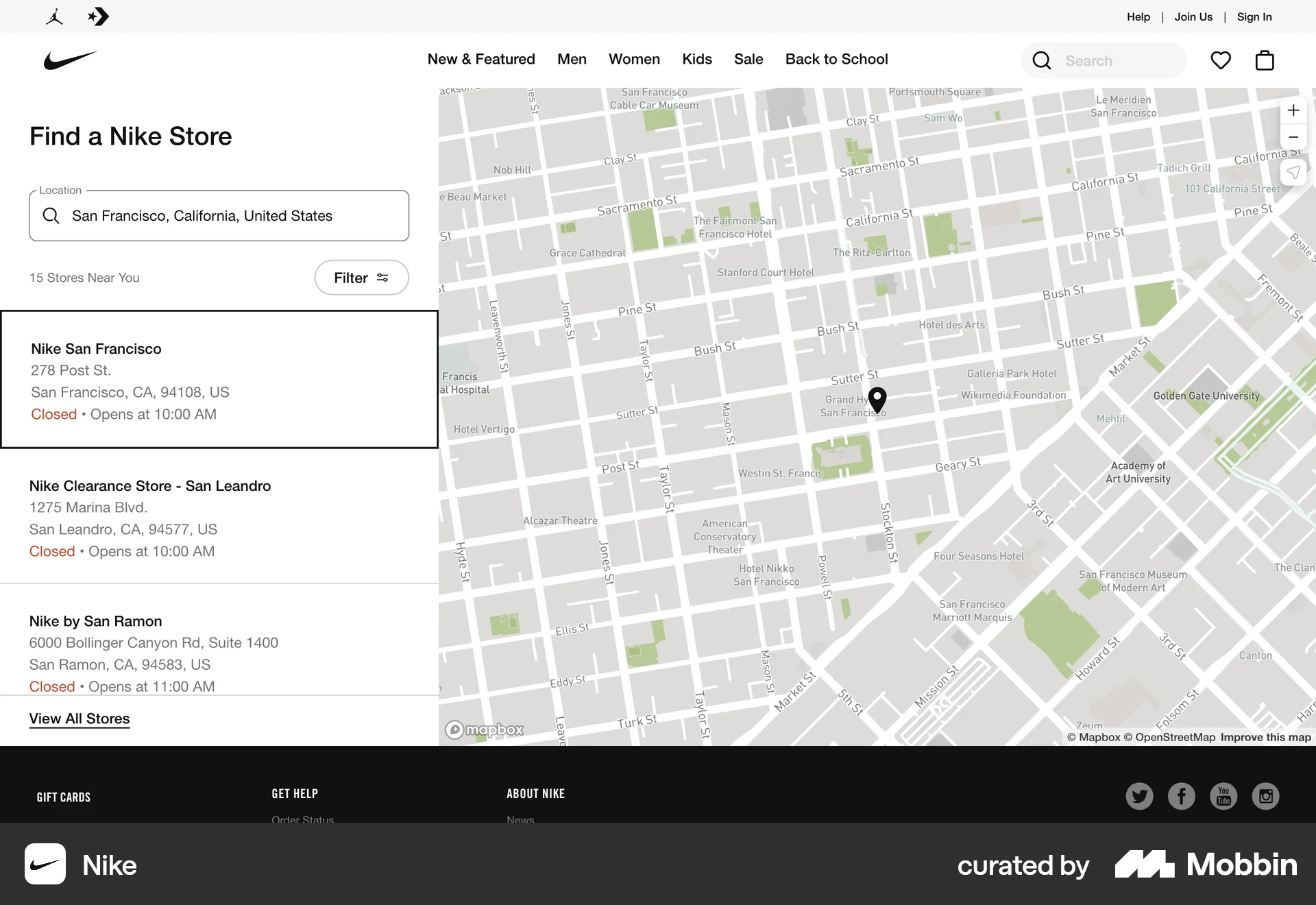 Nike Web screen containing Map Pin UI element