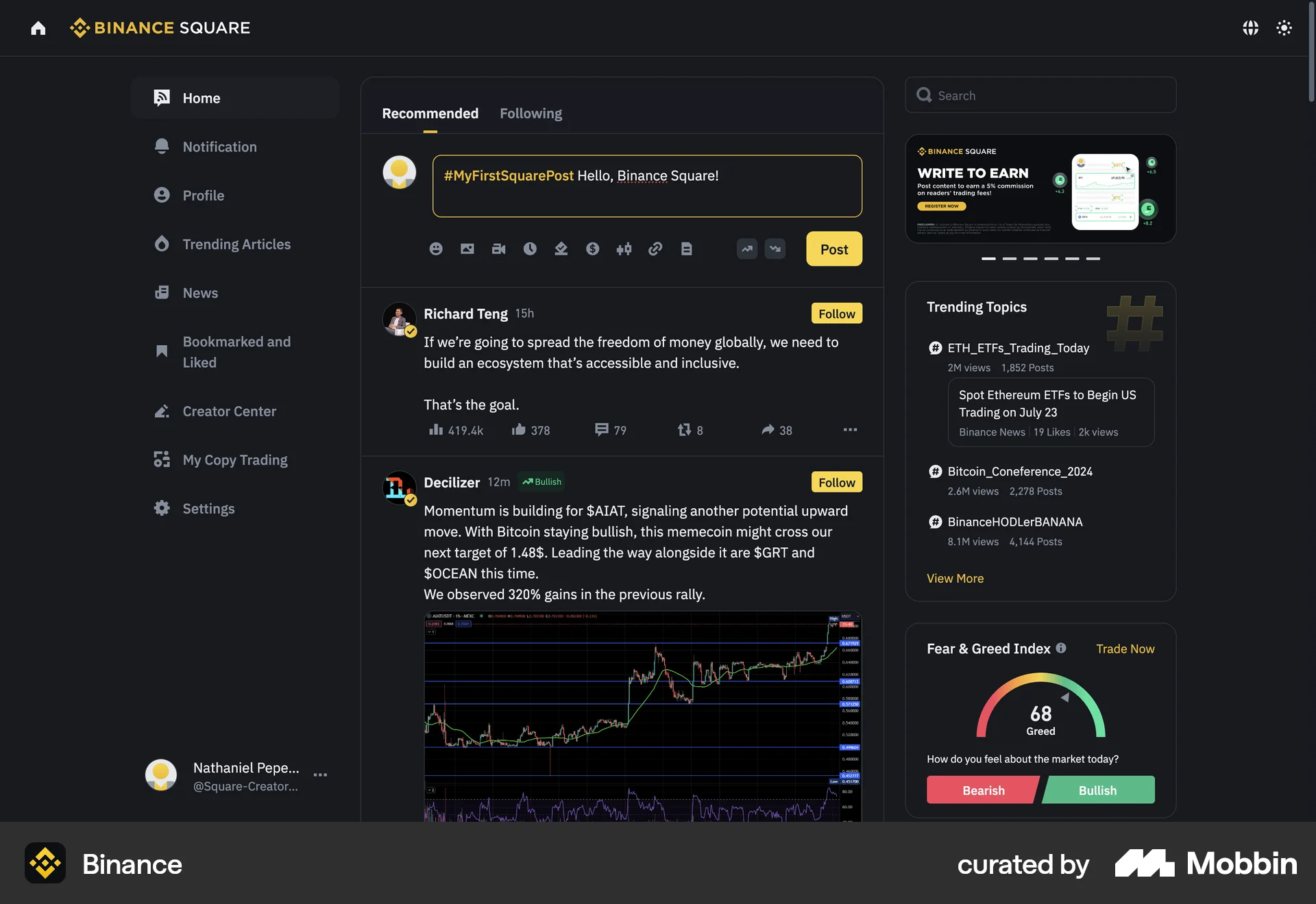 Binance Web Social Feed screen