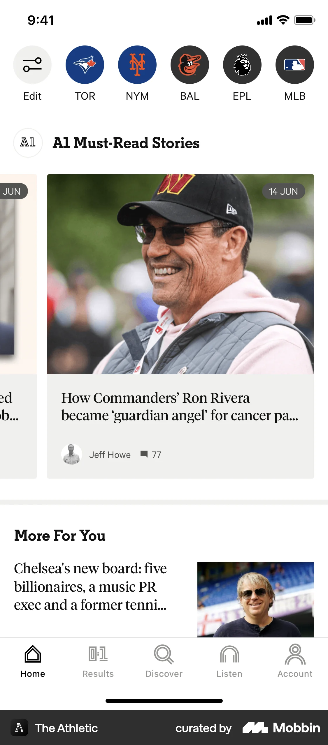 The Athletic iOS News Feed screen