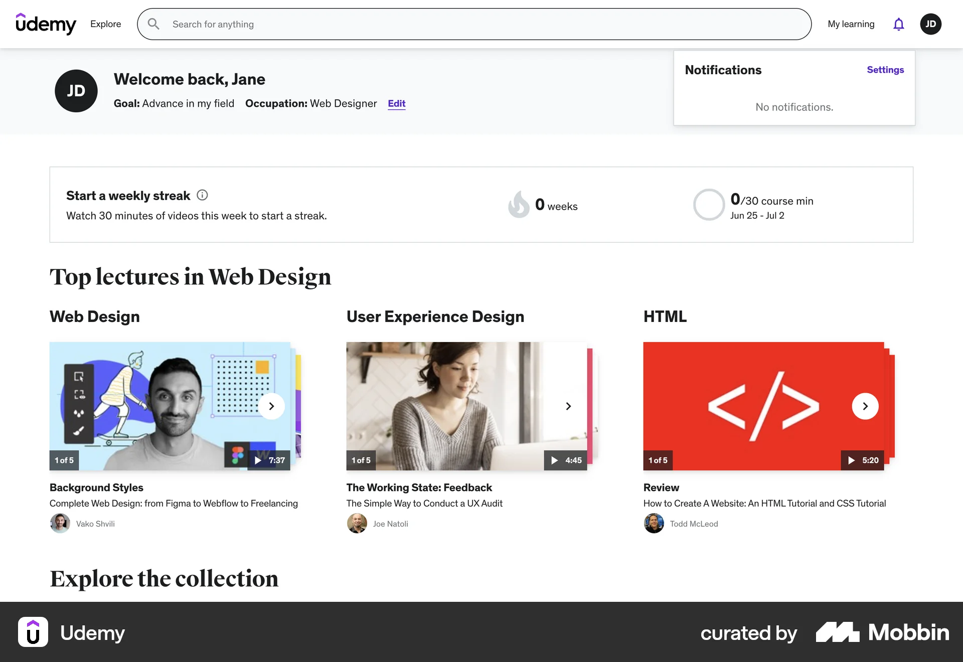 Udemy Web Empty State screen