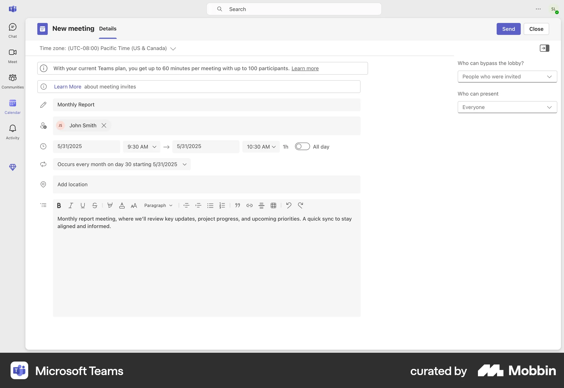 Microsoft Teams Web Schedule screen