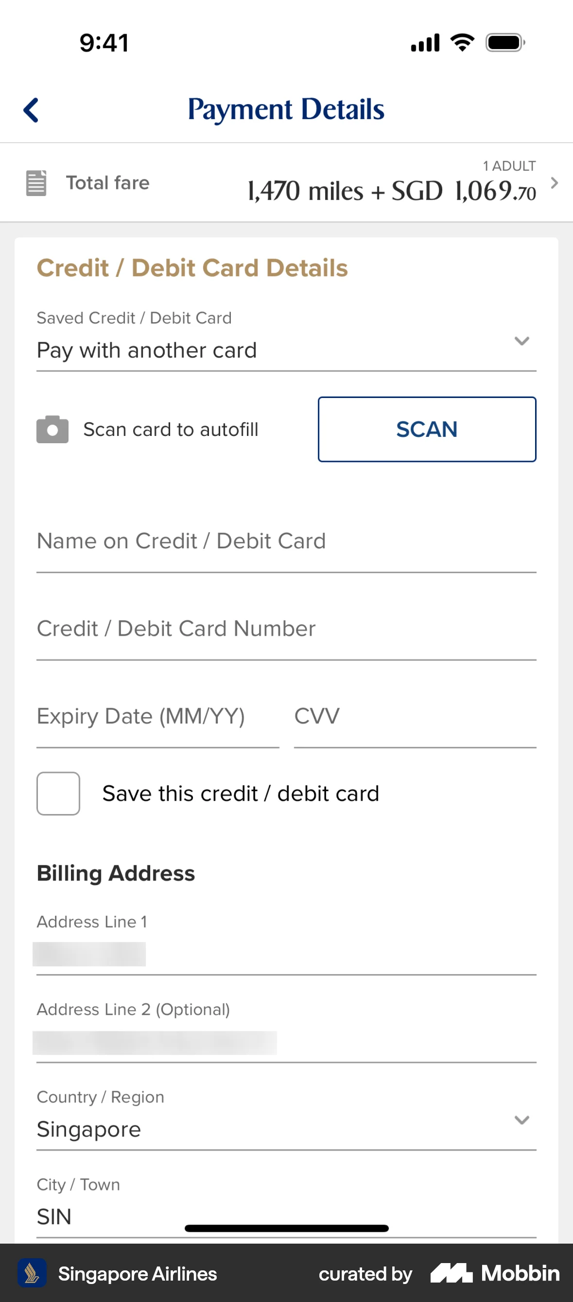 Singapore Airlines iOS Payment Method screen