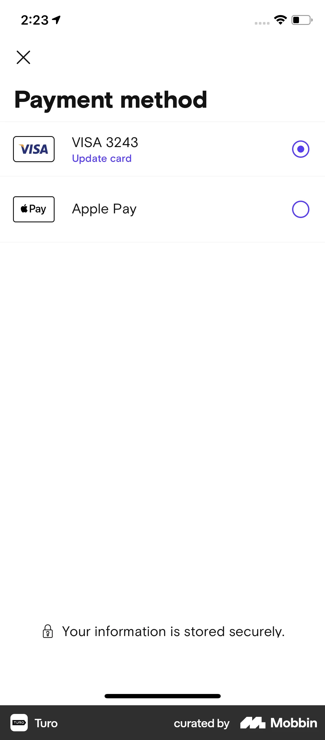 Turo iOS Payment Method screen