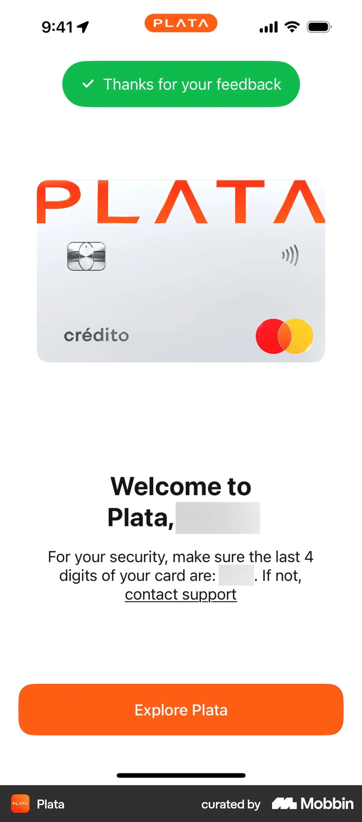 Plata Card iOS Acknowledgement & Success screen