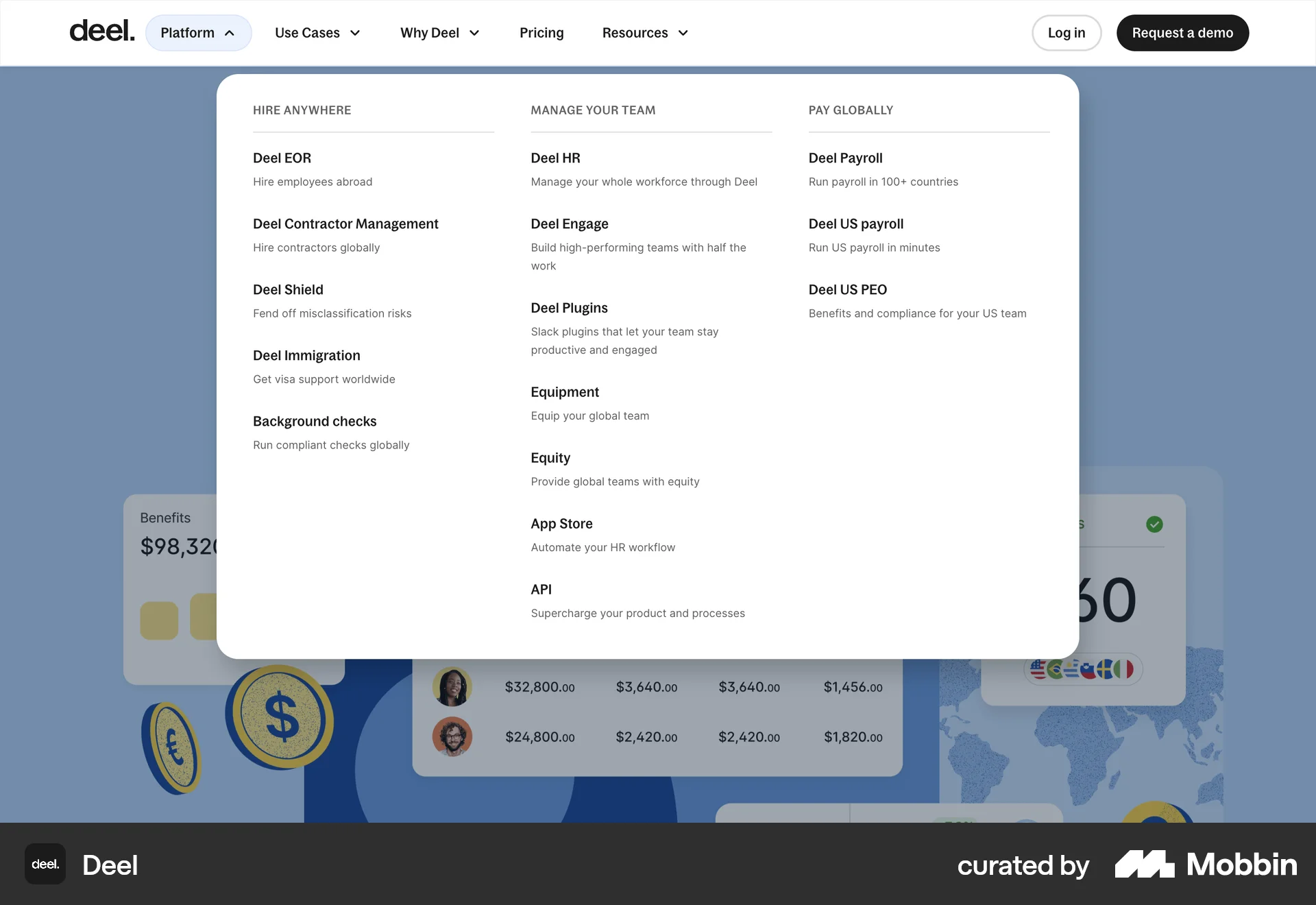 Deel Web screen containing Dropdown Menu UI element