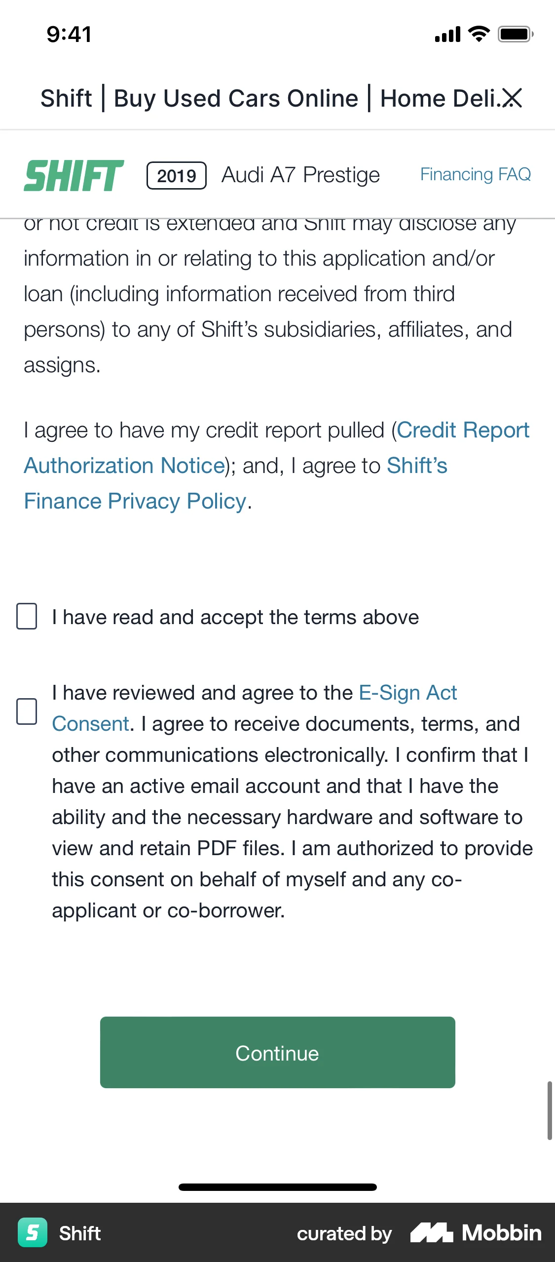 Shift iOS Terms & Conditions screen