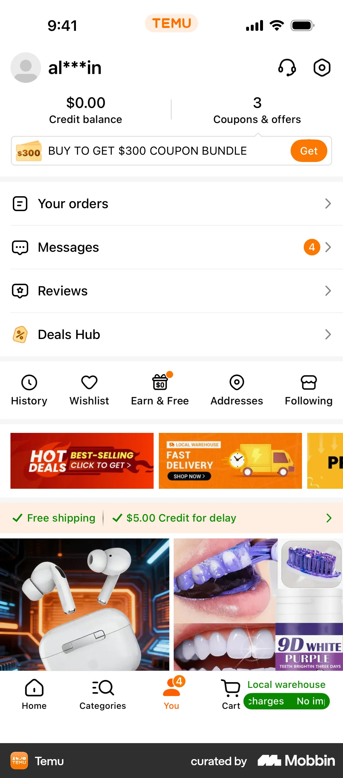 Temu iOS My Account & Profile screen