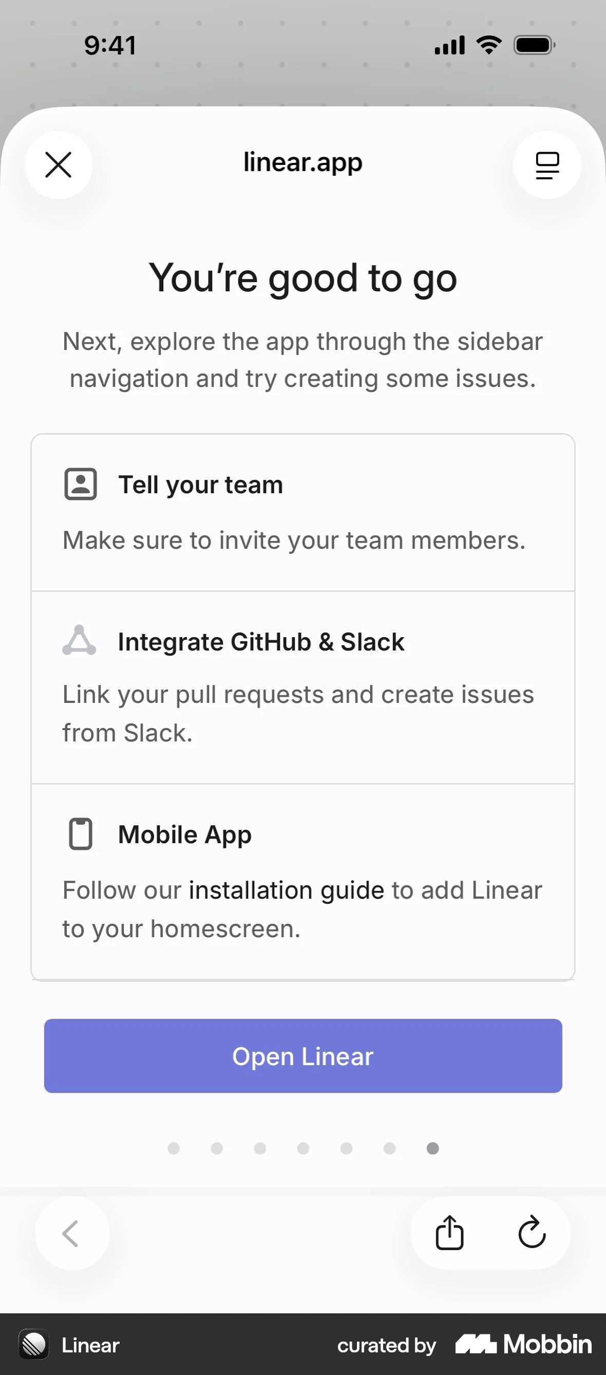 Linear Mobile Onboarding screen