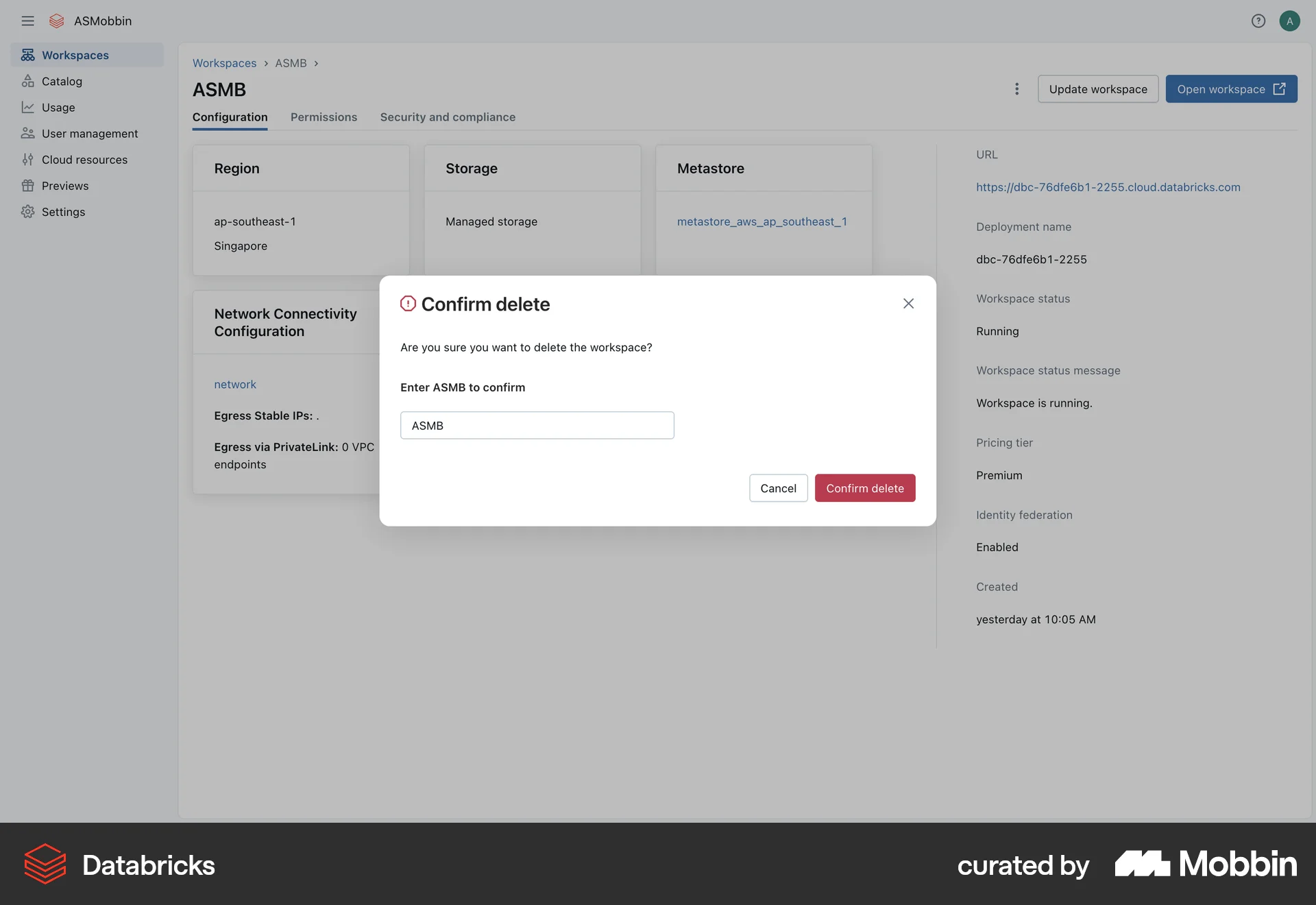 Databricks Web Confirmation screen