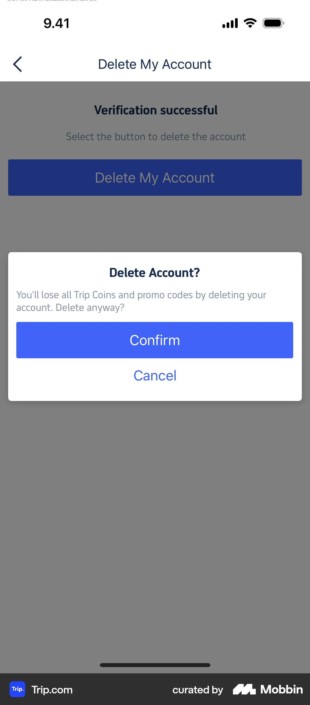 Trip.com iOS Delete & Deactivate Account screen