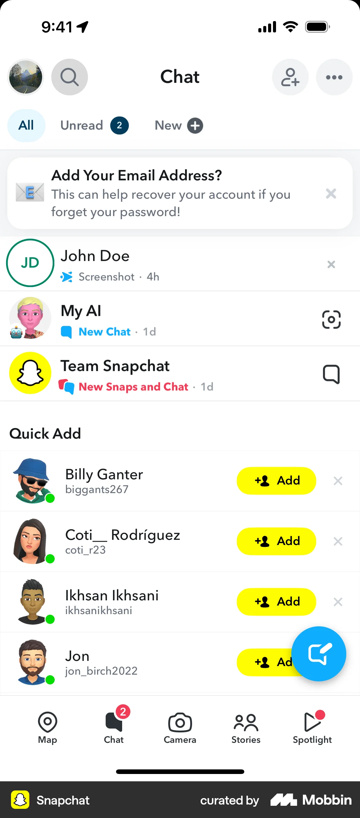 Snapchat iOS Emails & Messages screen