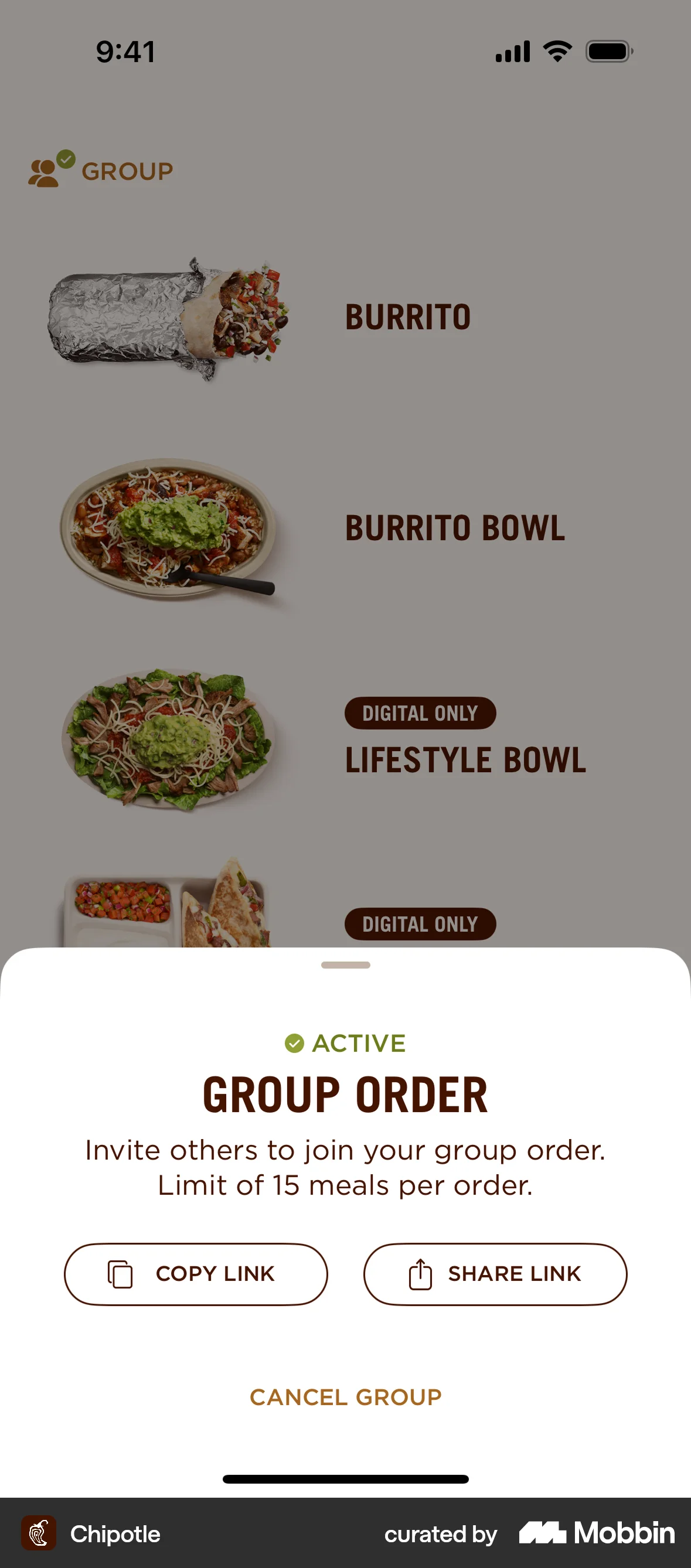 Chipotle iOS Share screen